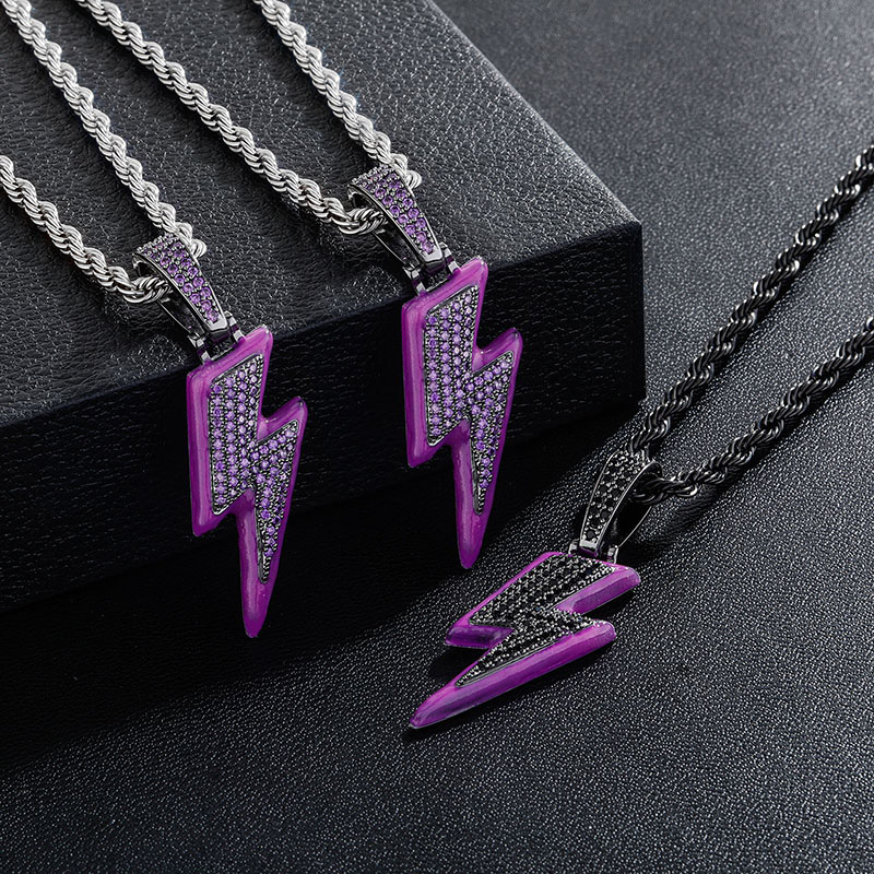 Iced Out Enamel Purple Lightning Pendant In Black Gold With Gold Shine - Image 4