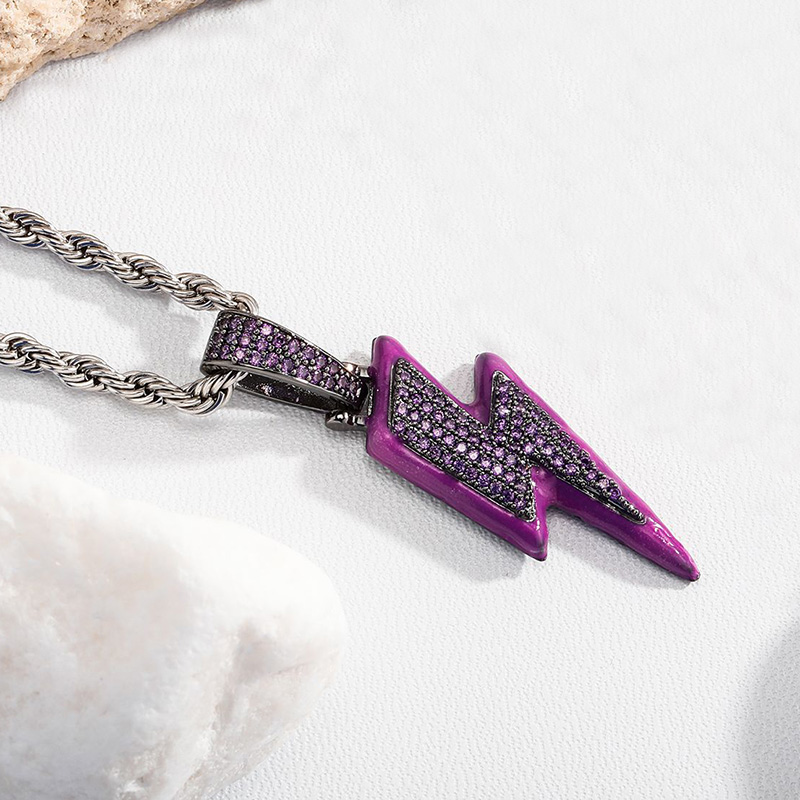 Iced Out Enamel Purple Lightning Pendant In Black Gold With Gold Shine - Image 5