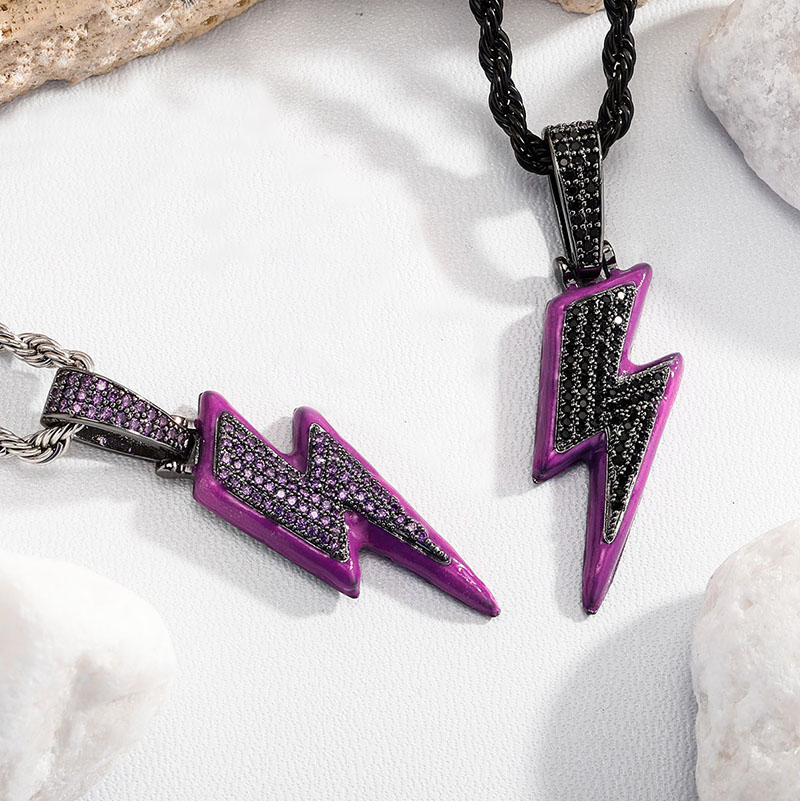 Iced Out Enamel Purple Lightning Pendant In Black Gold With Gold Shine