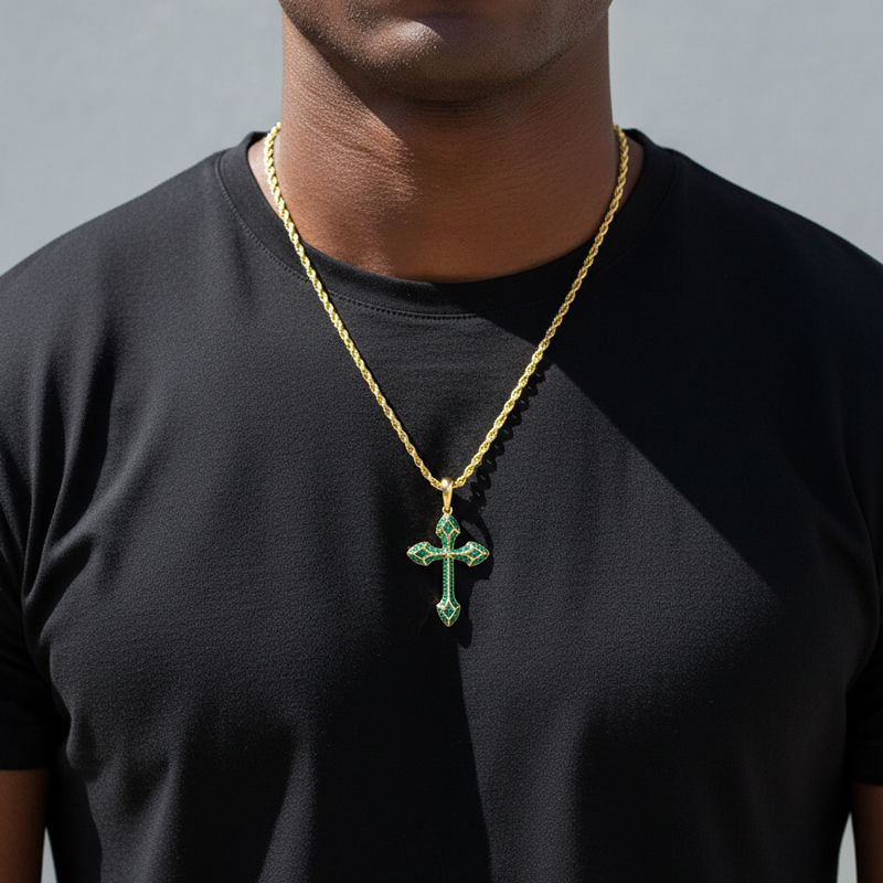 Iced Out Emerald/purple/blue/black Cross Pendant In Gold With Gold Shine - Image 3