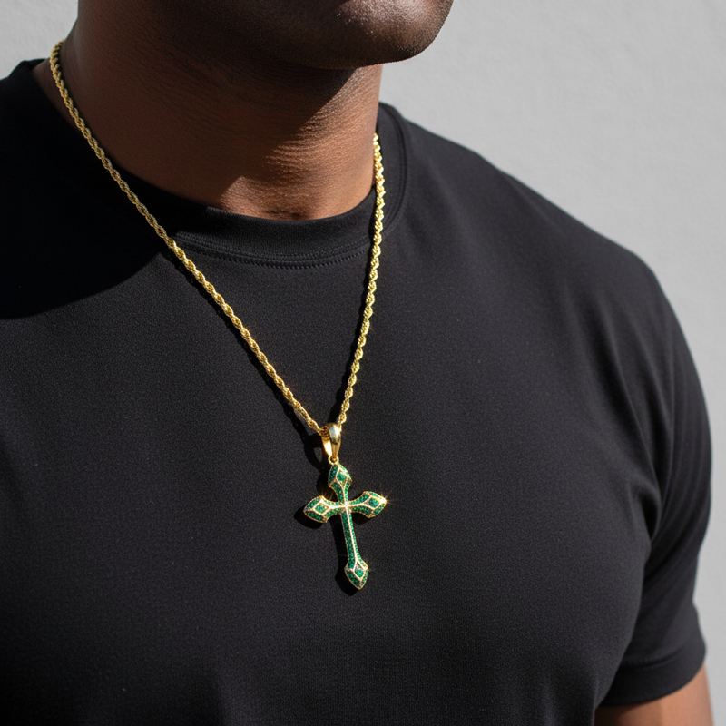 Iced Out Emerald/purple/blue/black Cross Pendant In Gold With Gold Shine - Image 4