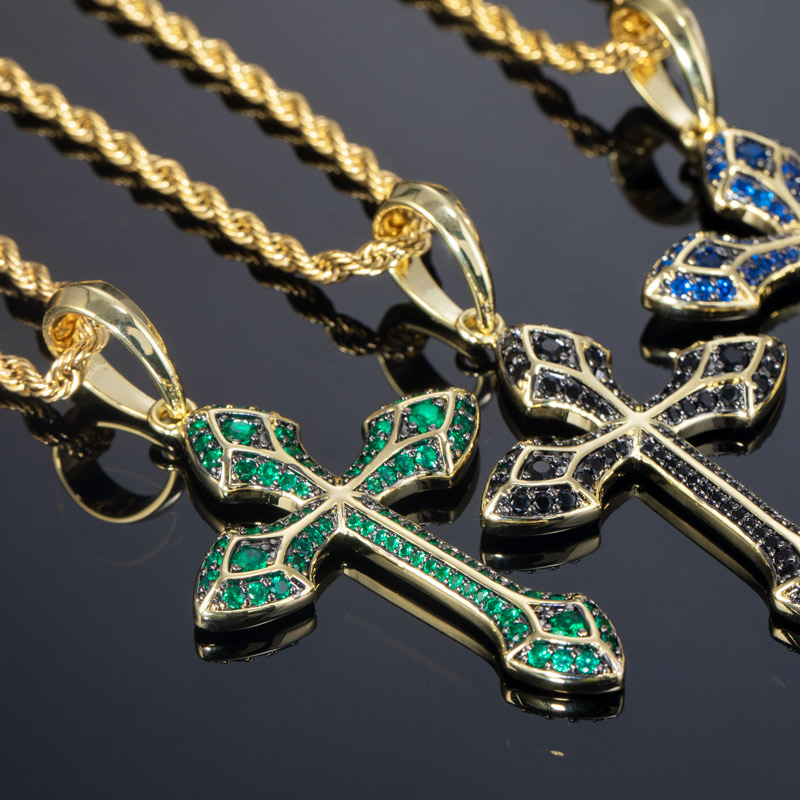 Iced Out Emerald/purple/blue/black Cross Pendant In Gold With Gold Shine - Image 7