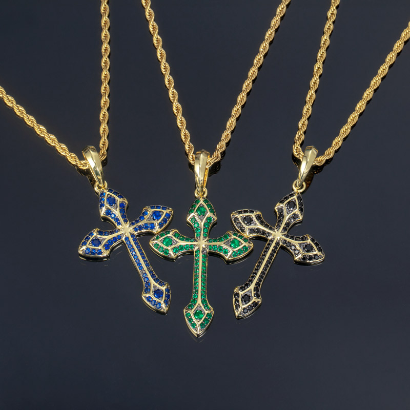 Iced Out Emerald/purple/blue/black Cross Pendant In Gold With Gold Shine