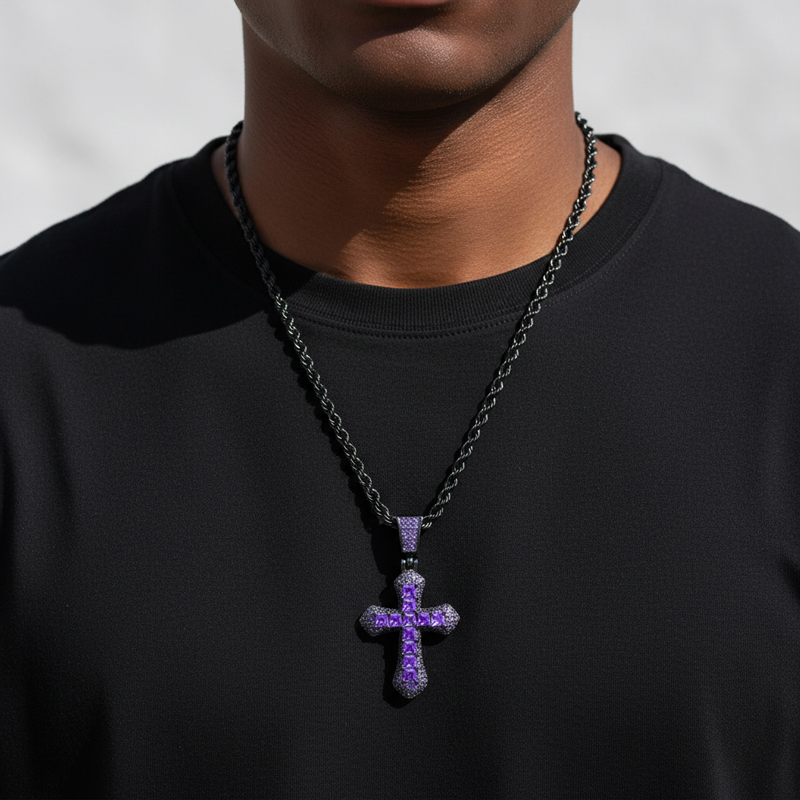Iced Out Purple Princess Cut Cross Pendant In Black Gold With Gold Shine - Image 3