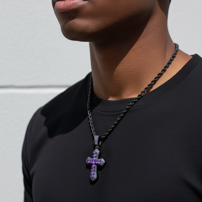 Iced Out Purple Princess Cut Cross Pendant In Black Gold With Gold Shine - Image 4