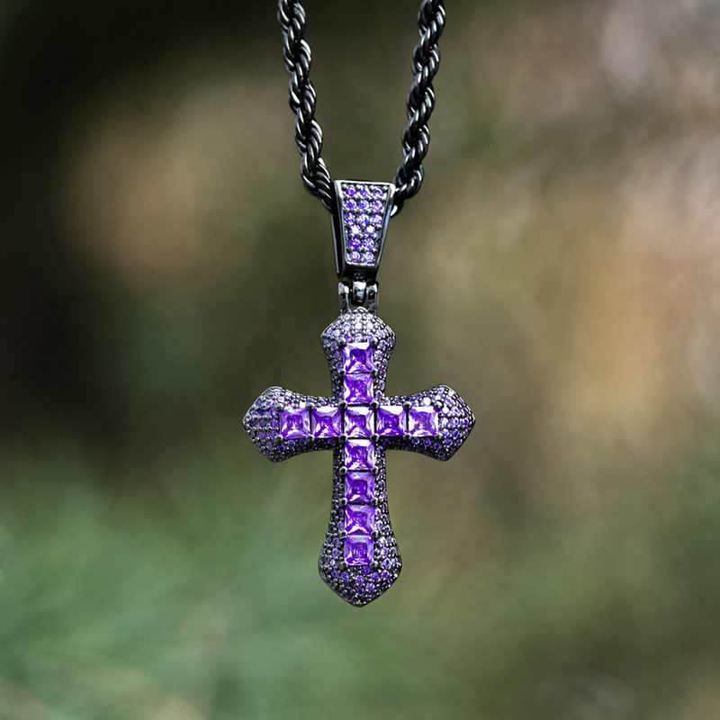 Iced Out Purple Princess Cut Cross Pendant In Black Gold With Gold Shine - Image 5