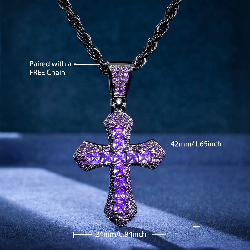 Iced Out Purple Princess Cut Cross Pendant In Black Gold With Gold Shine - Image 6