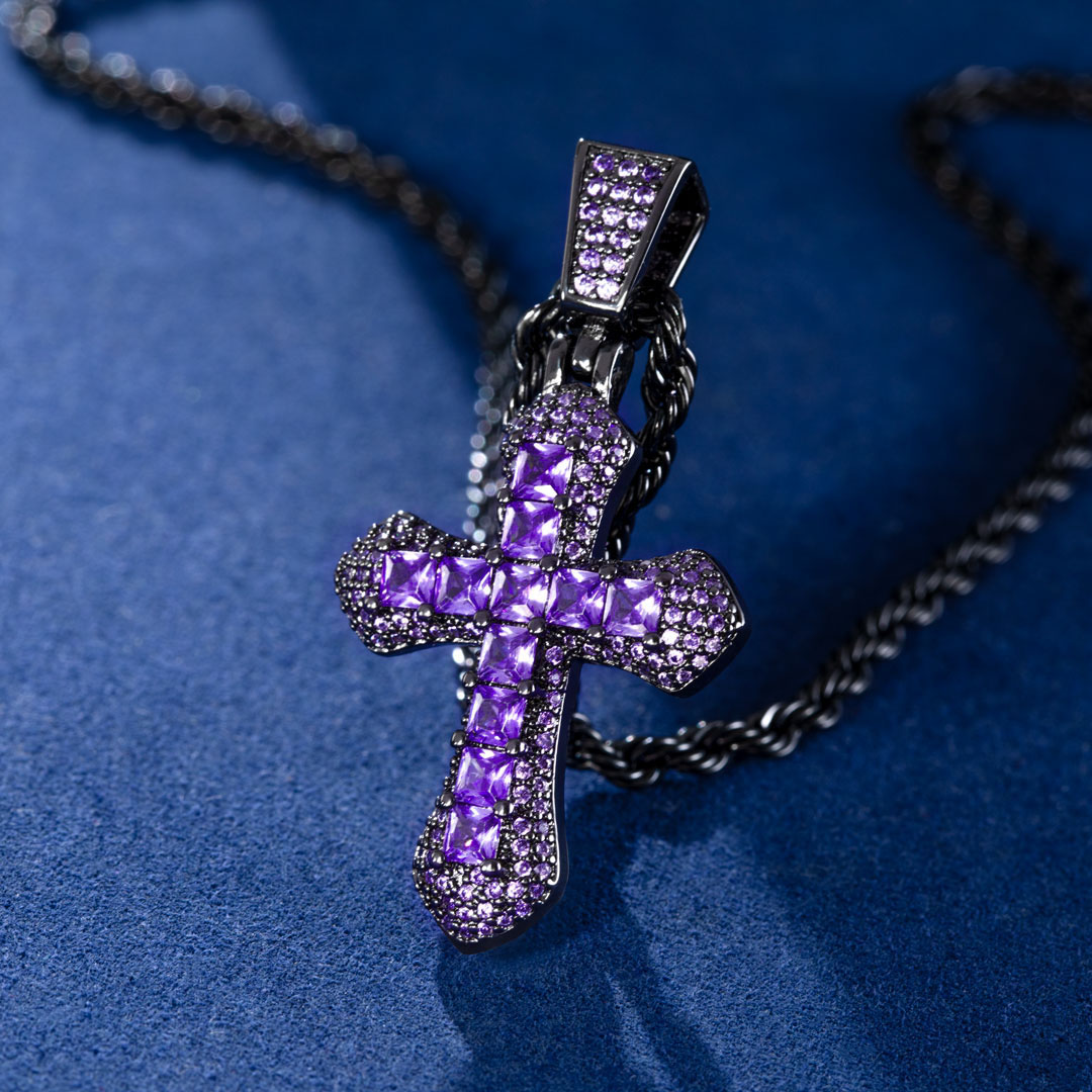Iced Out Purple Princess Cut Cross Pendant In Black Gold With Gold Shine - Image 7