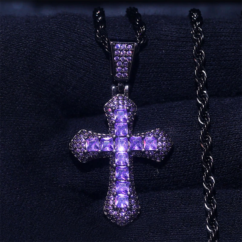 Iced Out Purple Princess Cut Cross Pendant In Black Gold With Gold Shine