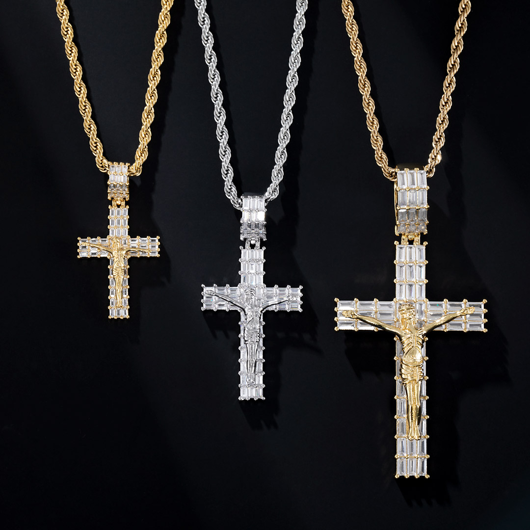 Iced Out Baguette Cut Crucifix Cross Pendant-small/medium/big Gold