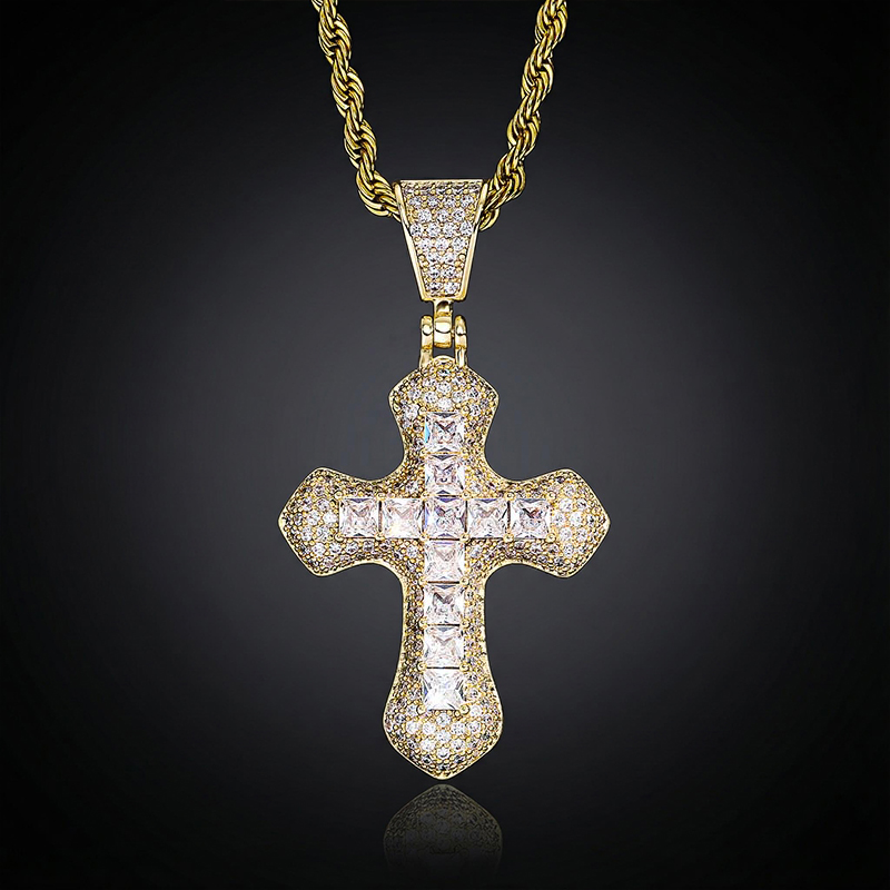 Princess Cut Iced Out Cross Pendant In Gold With Street Luxury Shine