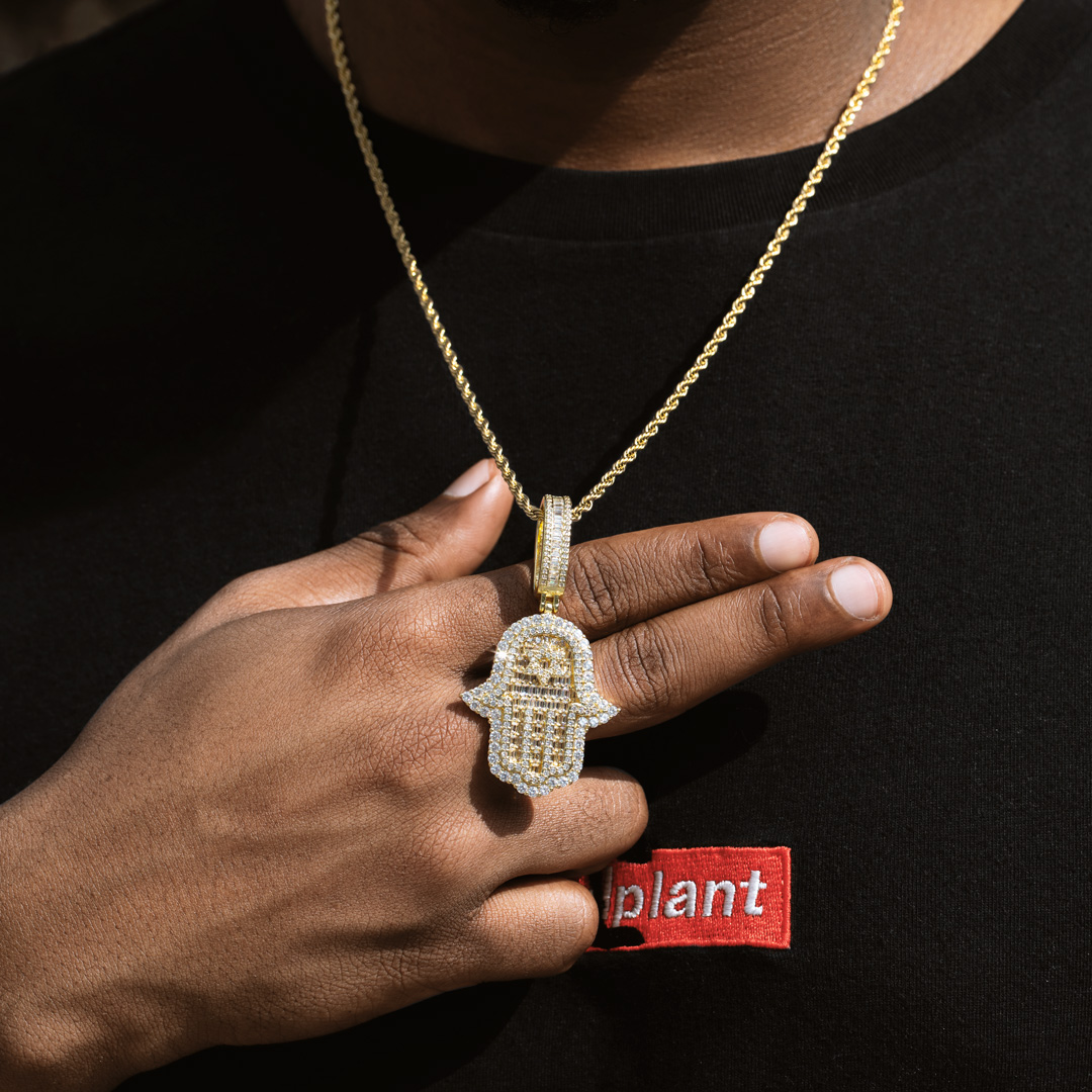 Iced Out Baguette Cut Hamsa Pendant Gold With Street Luxury Shine - Image 4