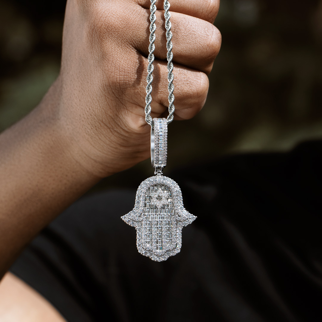 Iced Out Baguette Cut Hamsa Pendant Gold With Street Luxury Shine - Image 5