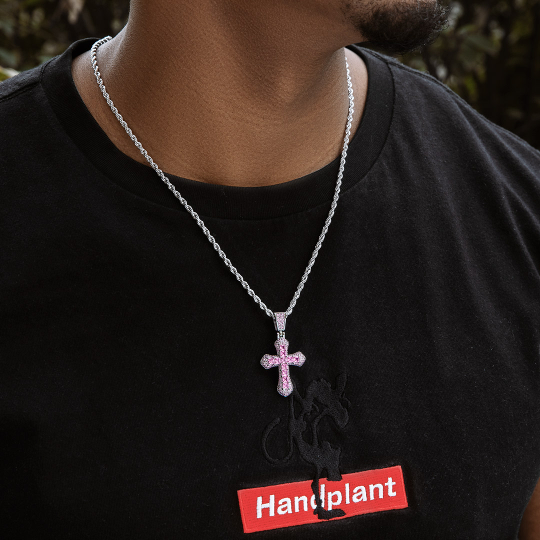 Iced Out Pink Princess Cut Cross Pendant Gold With Street Luxury Shine - Image 4