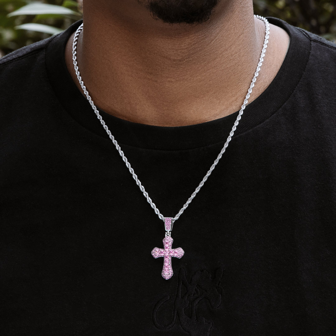 Iced Out Pink Princess Cut Cross Pendant Gold With Street Luxury Shine - Image 5