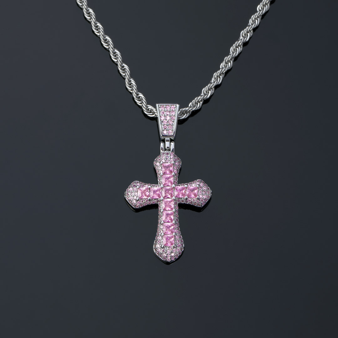 Iced Out Pink Princess Cut Cross Pendant Gold With Street Luxury Shine - Image 6