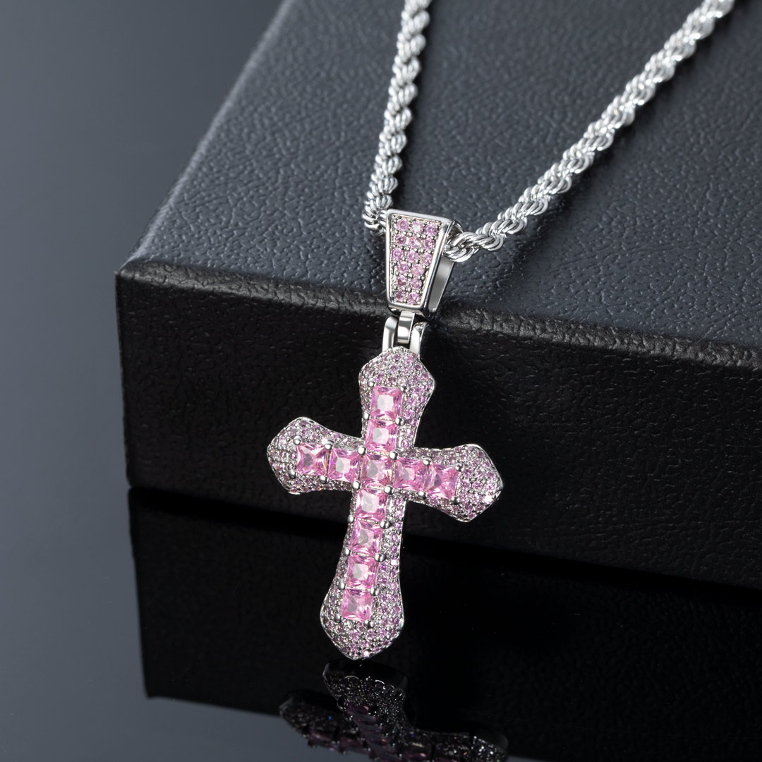 Iced Out Pink Princess Cut Cross Pendant Gold With Street Luxury Shine