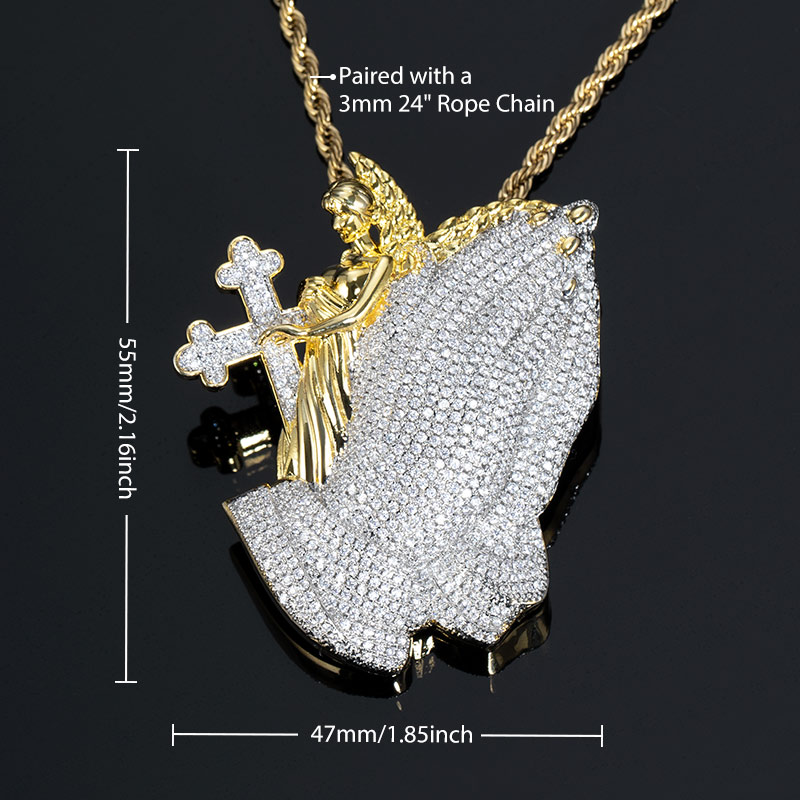 Iced Out Praying Hands Cross Angel Pendant Gold With Street Luxury Shine - Image 3