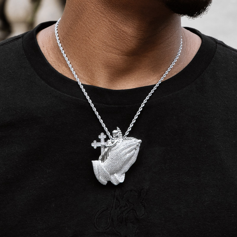 Iced Out Praying Hands Cross Angel Pendant Gold With Street Luxury Shine - Image 4