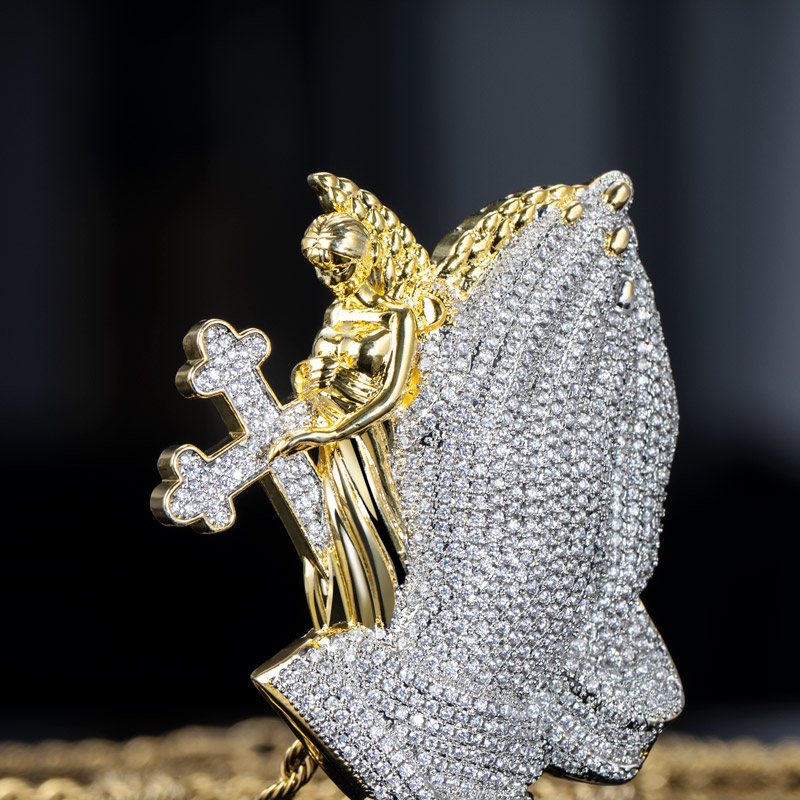 Iced Out Praying Hands Cross Angel Pendant Gold With Street Luxury Shine - Image 5
