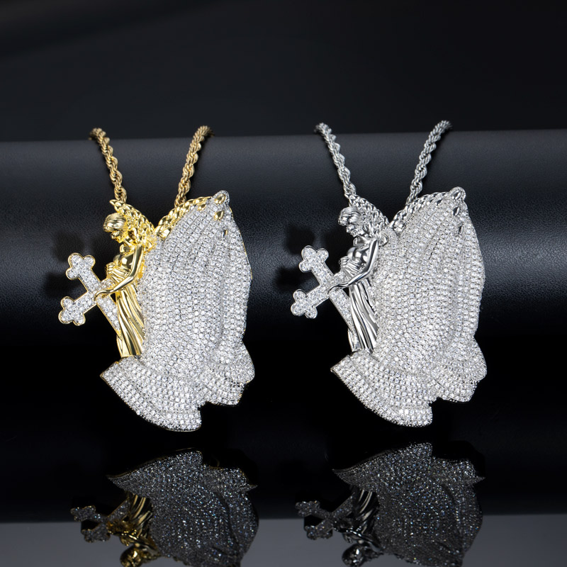 Iced Out Praying Hands Cross Angel Pendant Gold With Street Luxury Shine