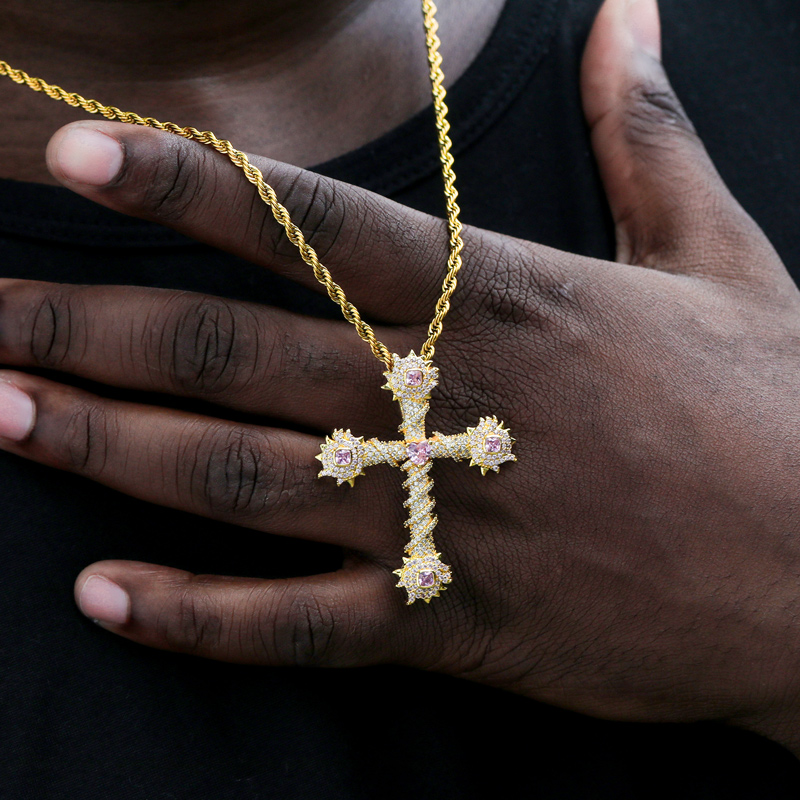 Iced Out Pink Heart Cross Of Thorns Pendant In Gold With Gold Shine - Image 3