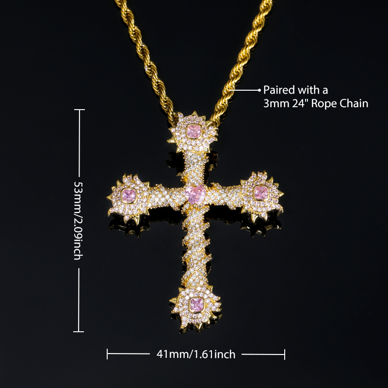 Iced Out Pink Heart Cross Of Thorns Pendant In Gold With Gold Shine - Image 4