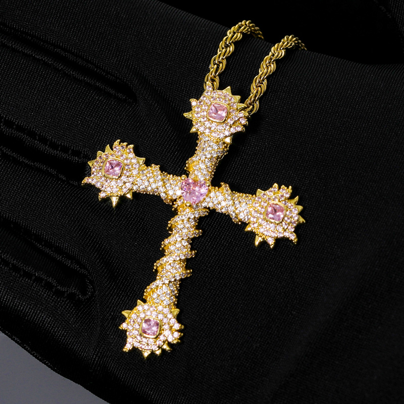 Iced Out Pink Heart Cross Of Thorns Pendant In Gold With Gold Shine - Image 5