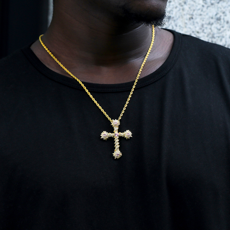 Iced Out Pink Heart Cross Of Thorns Pendant In Gold With Gold Shine - Image 6