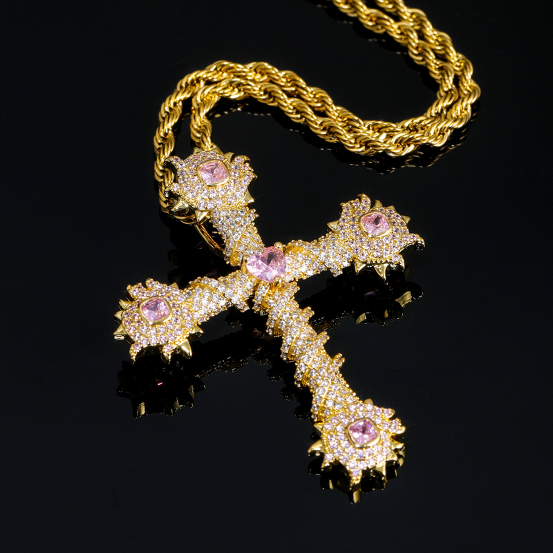 Iced Out Pink Heart Cross Of Thorns Pendant In Gold With Gold Shine