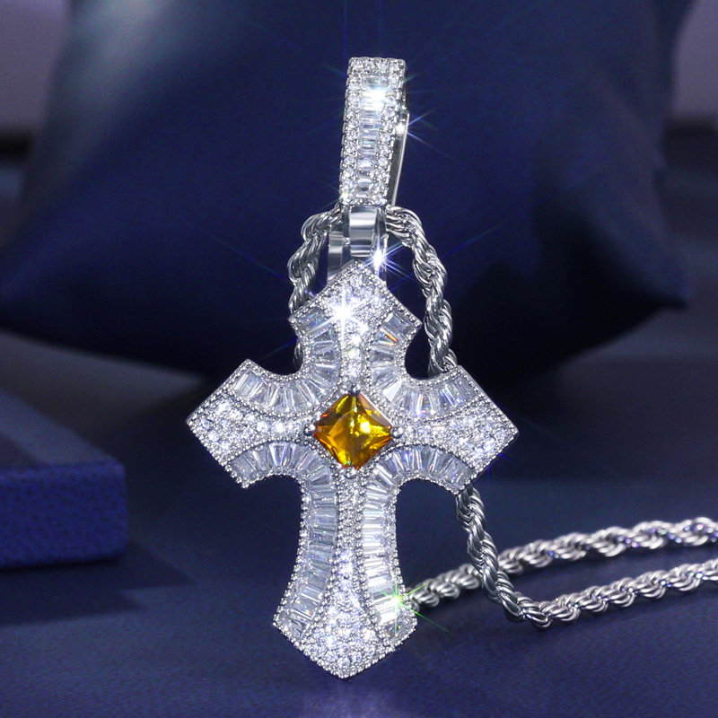 Iced Out Purple/fancy Baguette Christian Cross Pendant Gold - Image 3