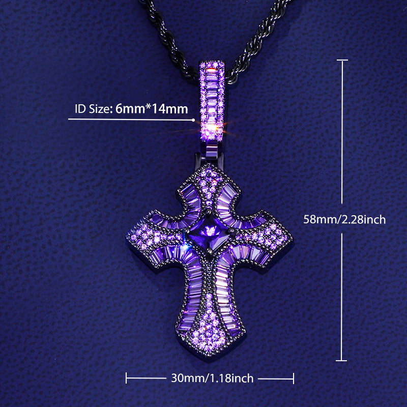 Iced Out Purple/fancy Baguette Christian Cross Pendant Gold - Image 4