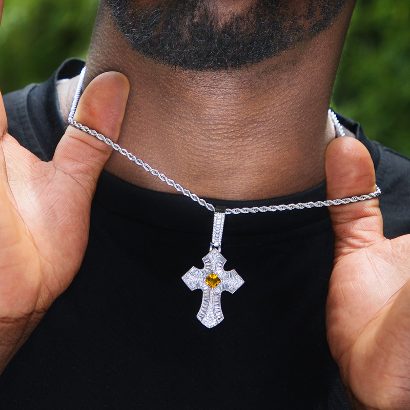 Iced Out Purple/fancy Baguette Christian Cross Pendant Gold - Image 5