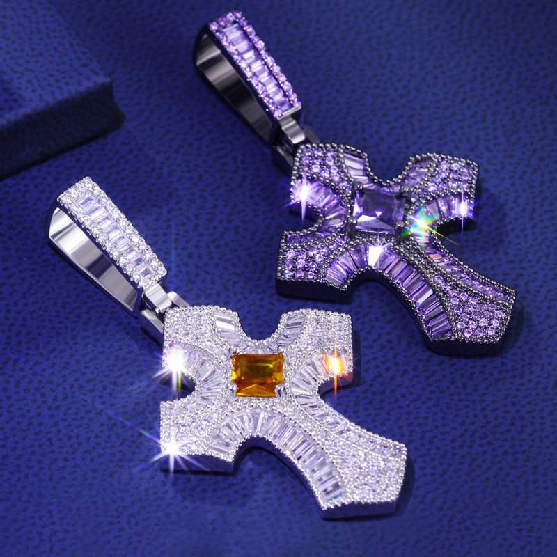 Iced Out Purple/fancy Baguette Christian Cross Pendant Gold