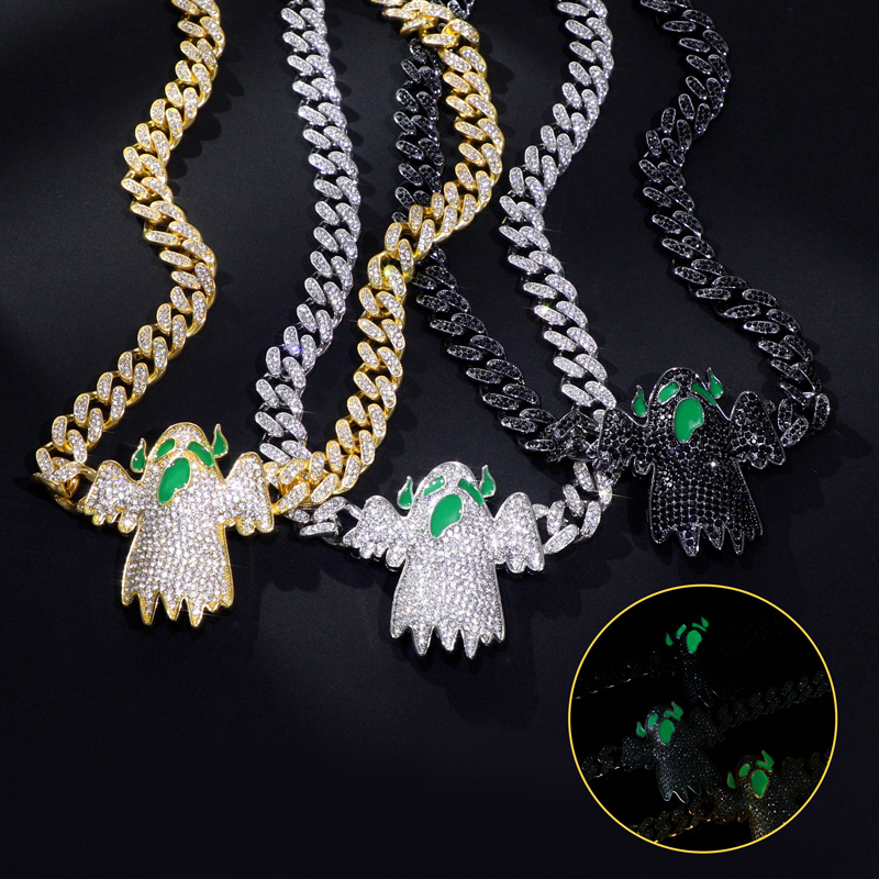 Iced Out Glow In The Dark Ghost Pendant Cuban Chain Gold - Image 3