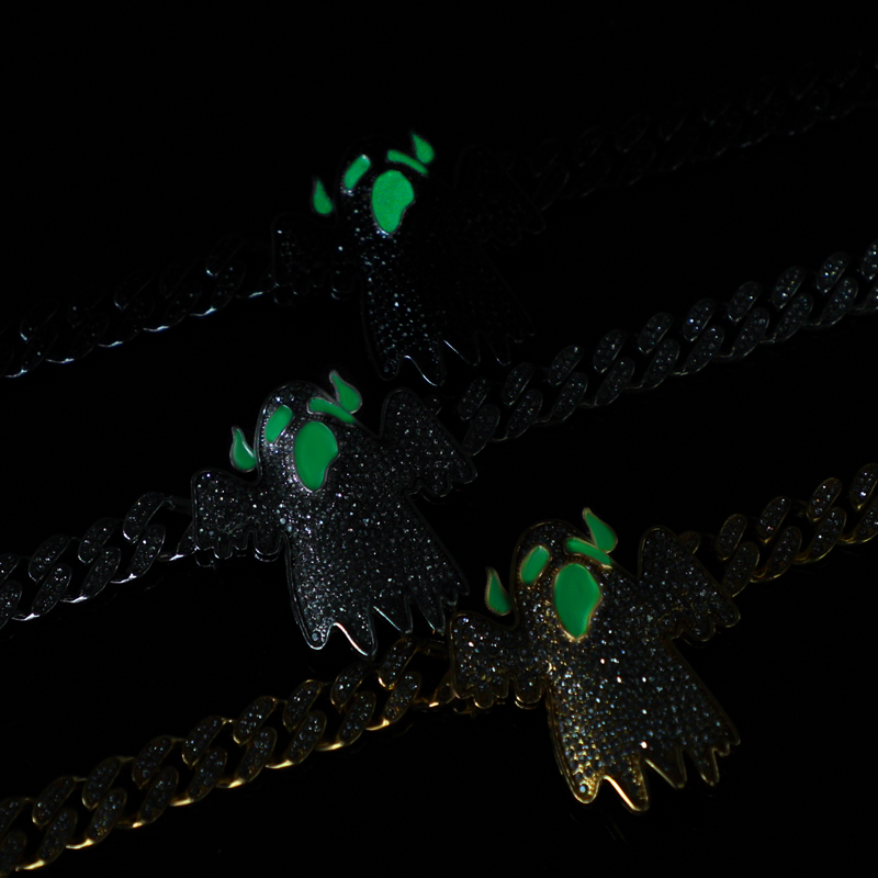 Iced Out Glow In The Dark Ghost Pendant Cuban Chain Gold - Image 4