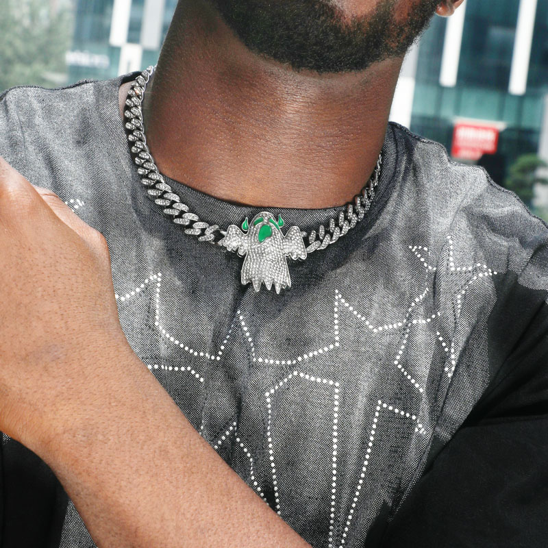 Iced Out Glow In The Dark Ghost Pendant Cuban Chain Gold - Image 5