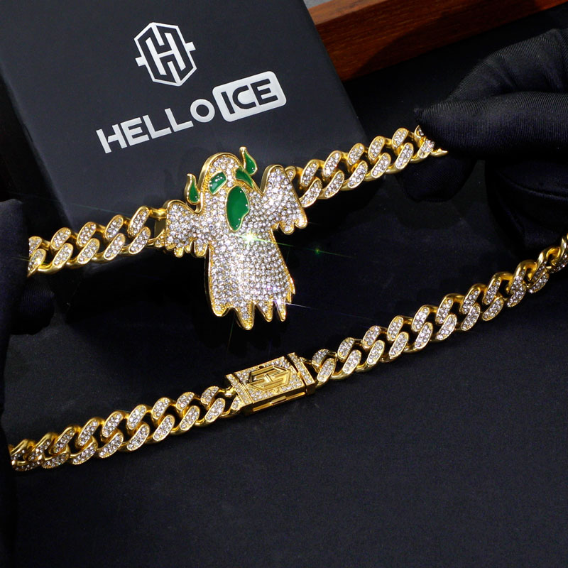 Iced Out Glow In The Dark Ghost Pendant Cuban Chain Gold - Image 7