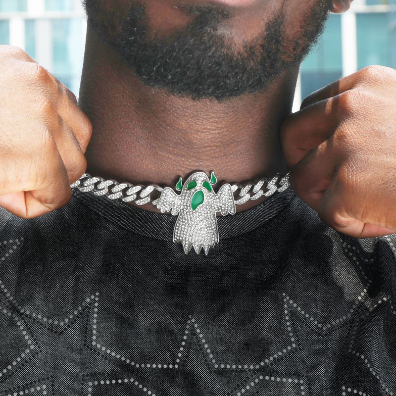 Iced Out Glow In The Dark Ghost Pendant Cuban Chain Gold