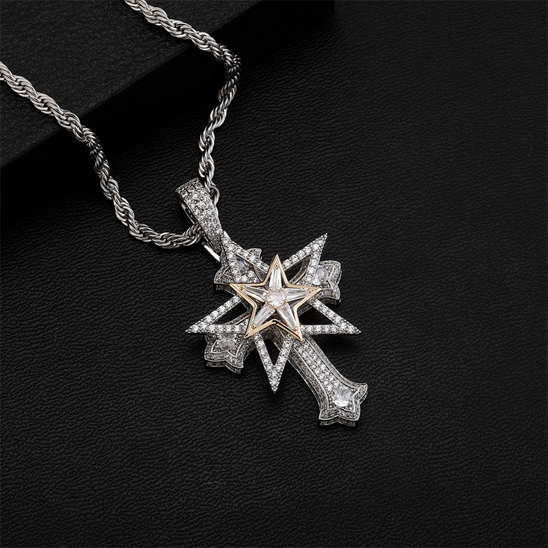 Iced Out Rotatable Five-pointed Star Cross Pendant With Street Luxury Shine - Image 3