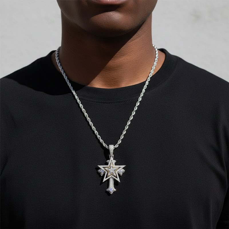 Iced Out Rotatable Five-pointed Star Cross Pendant With Street Luxury Shine - Image 4