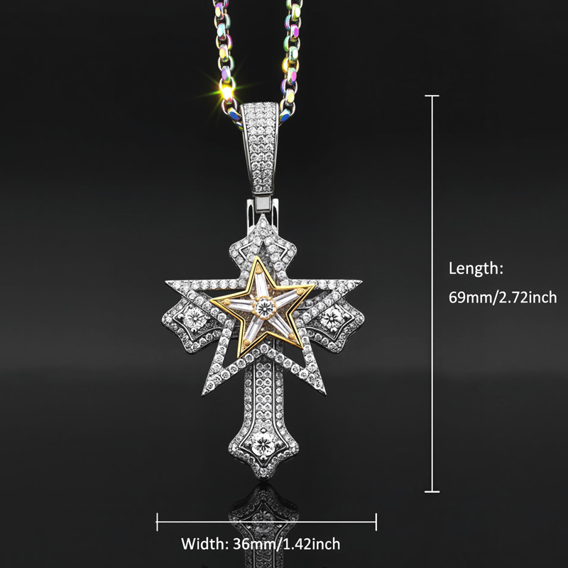 Iced Out Rotatable Five-pointed Star Cross Pendant With Street Luxury Shine - Image 5
