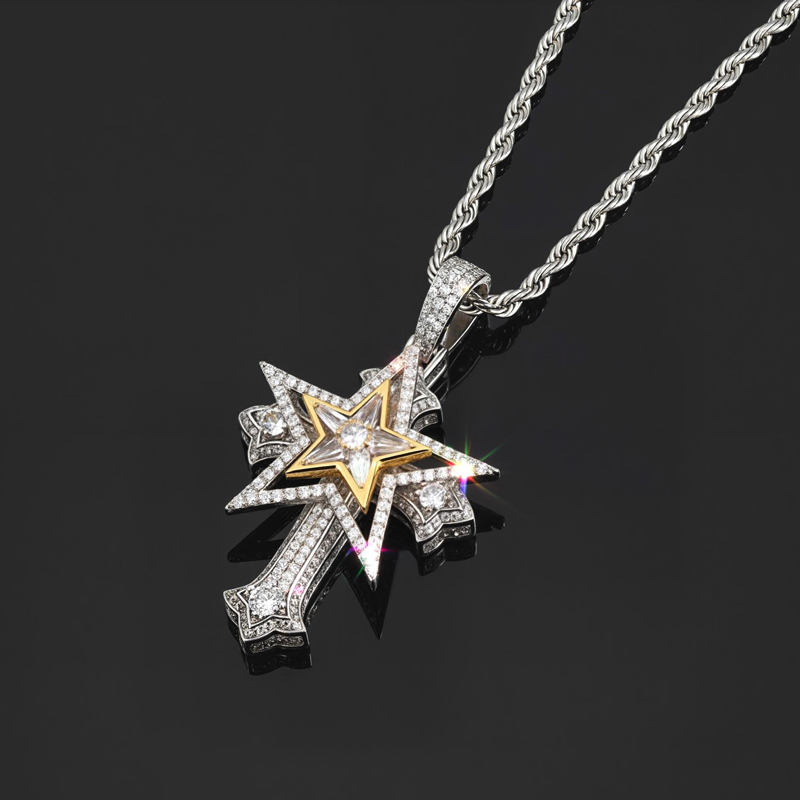 Iced Out Rotatable Five-pointed Star Cross Pendant With Street Luxury Shine - Image 6