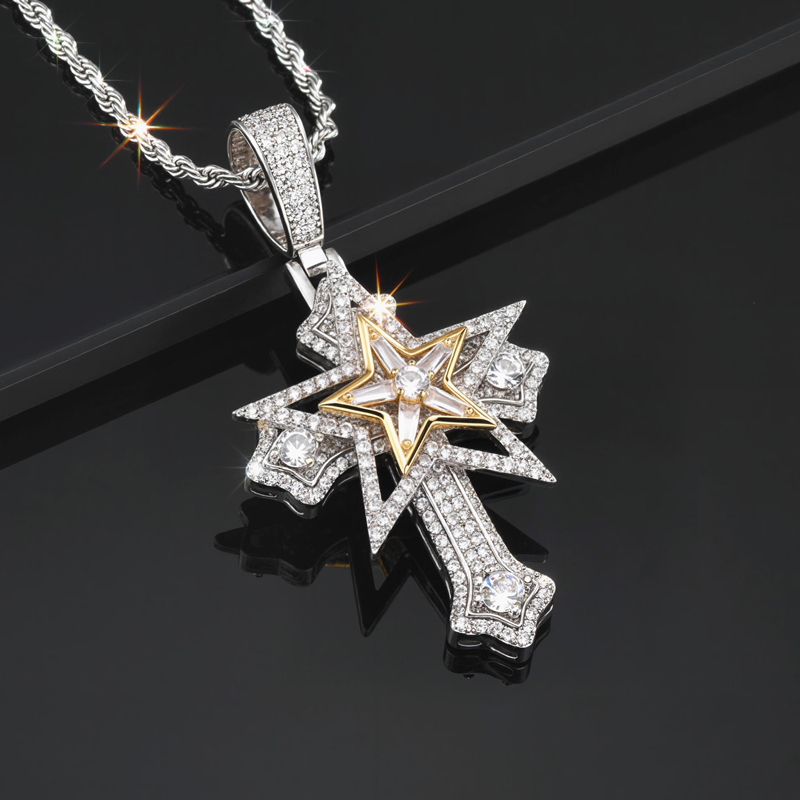 Iced Out Rotatable Five-pointed Star Cross Pendant With Street Luxury Shine - Image 7