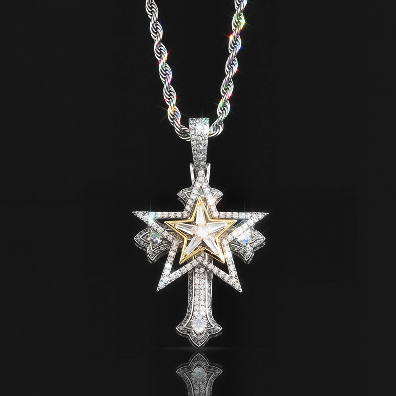 Iced Out Rotatable Five-pointed Star Cross Pendant With Street Luxury Shine