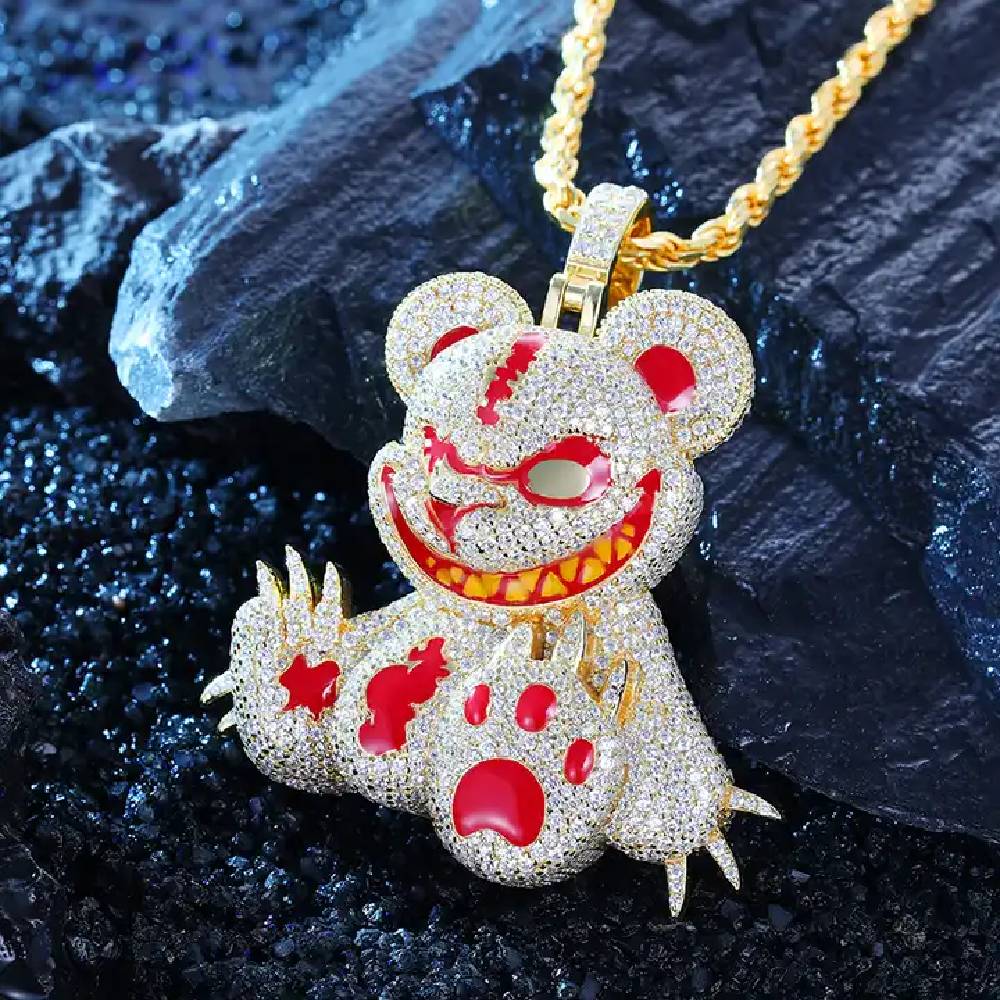 Micro Pave Evil Bear 3d Cartoon Enamel Pendant Moissanite