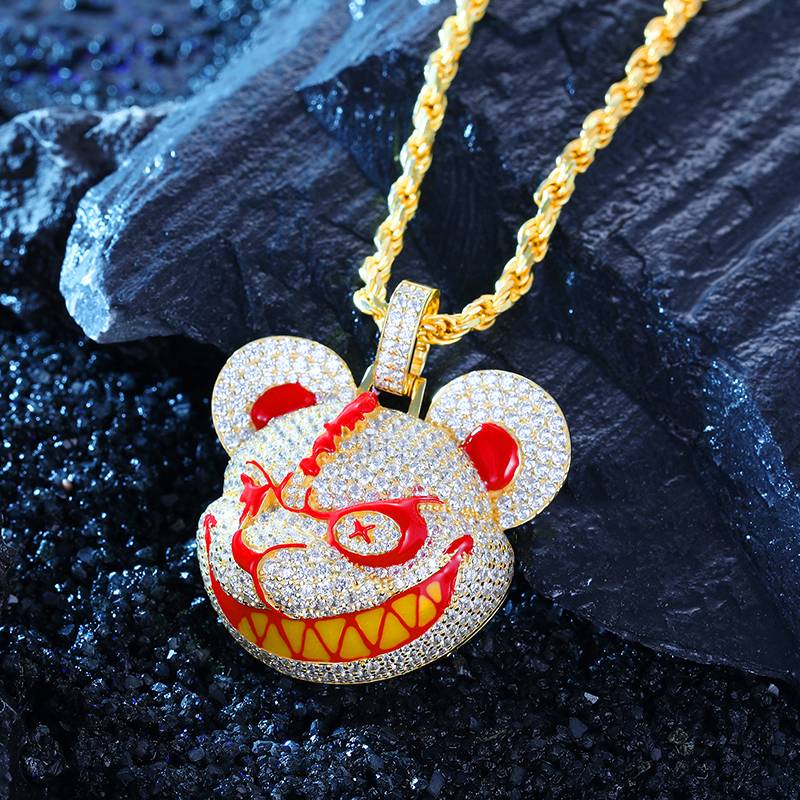 Micro Paved Evil Bear Head 3d Cartoon Pendant Gold With Street Luxury Shine - Image 3