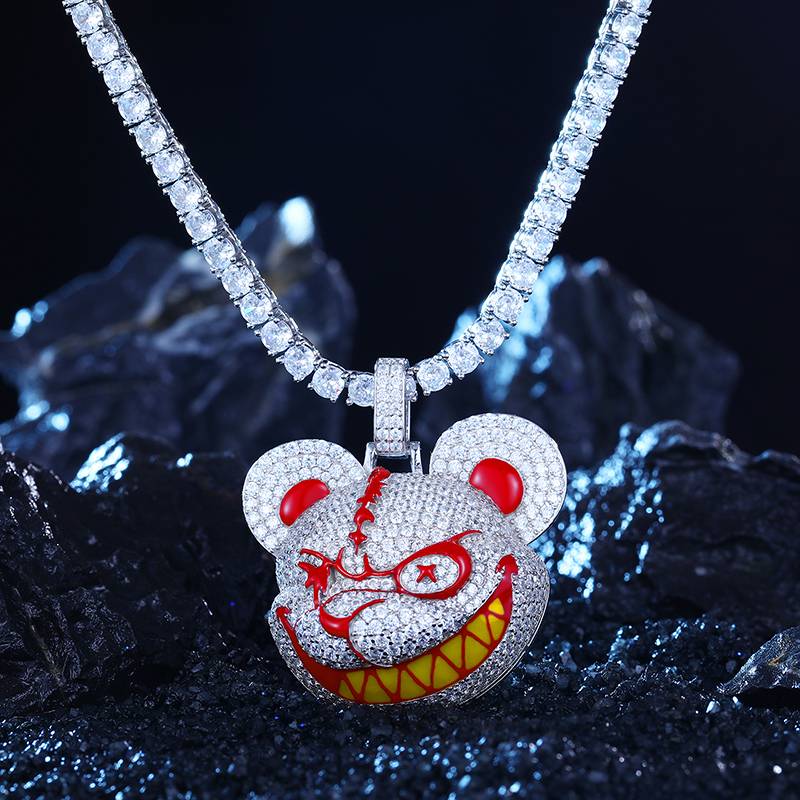 Micro Paved Evil Bear Head 3d Cartoon Pendant Gold With Street Luxury Shine