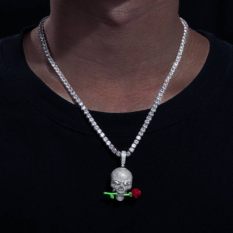 Iced Out Skull Head With A Luminous Rose Pendant With Street Luxury Shine - Image 4