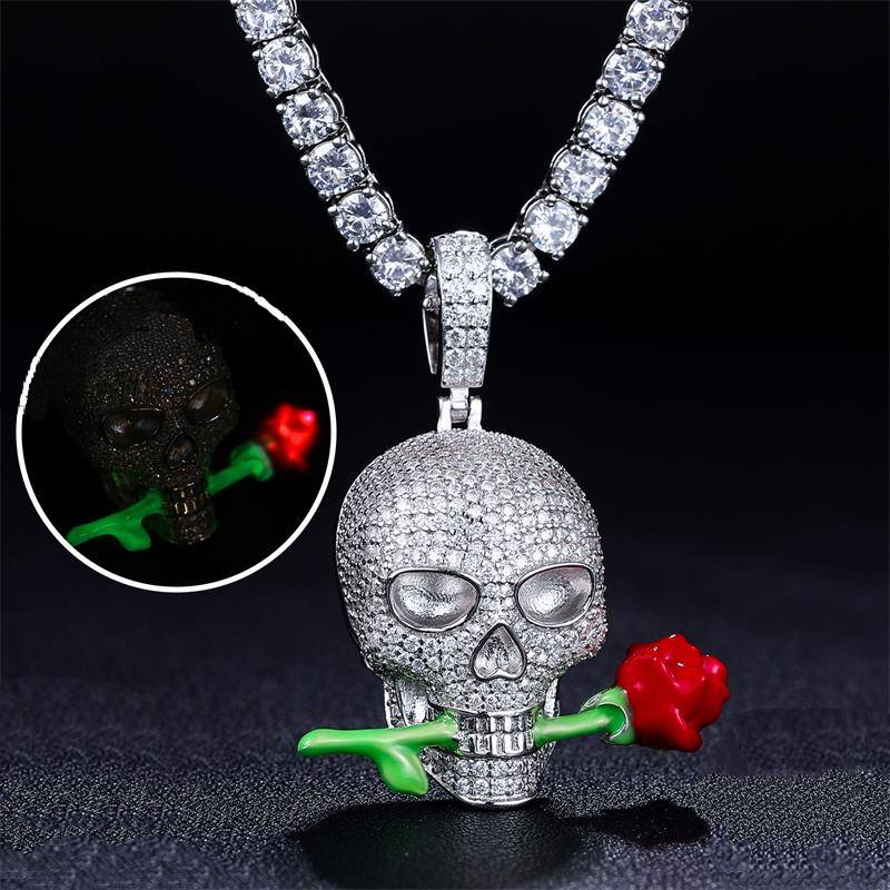 Iced Out Skull Head With A Luminous Rose Pendant With Street Luxury Shine